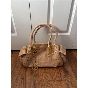 Calla Beige Croc-Embossed Satchel Handbag with Gold Hardware